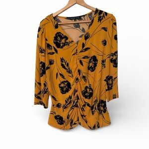Adrienne Vittadini Yellow Chiffon Floral V-neck Blouse Ruched Front 1X EUC